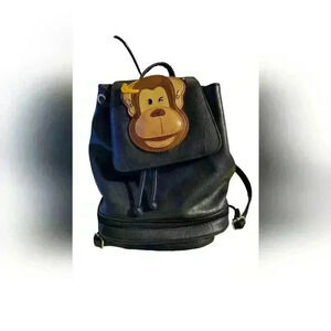 Y2K Black Mini Faux Leather Backpack with Monkey Zipper Strap Coin Purse
